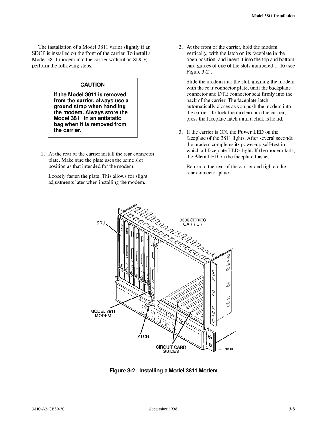 Paradyne 3800 manual Installing a Model 3811 Modem 