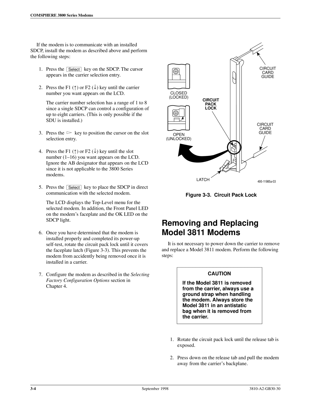 Paradyne 3800 manual Removing and Replacing Model 3811 Modems, Circuit Pack Lock 