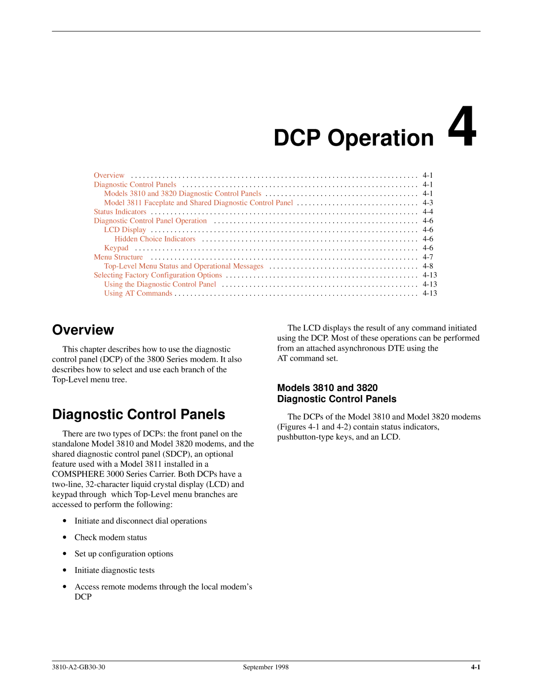 Paradyne 3800 manual DCP Operation, Models 3810 Diagnostic Control Panels 