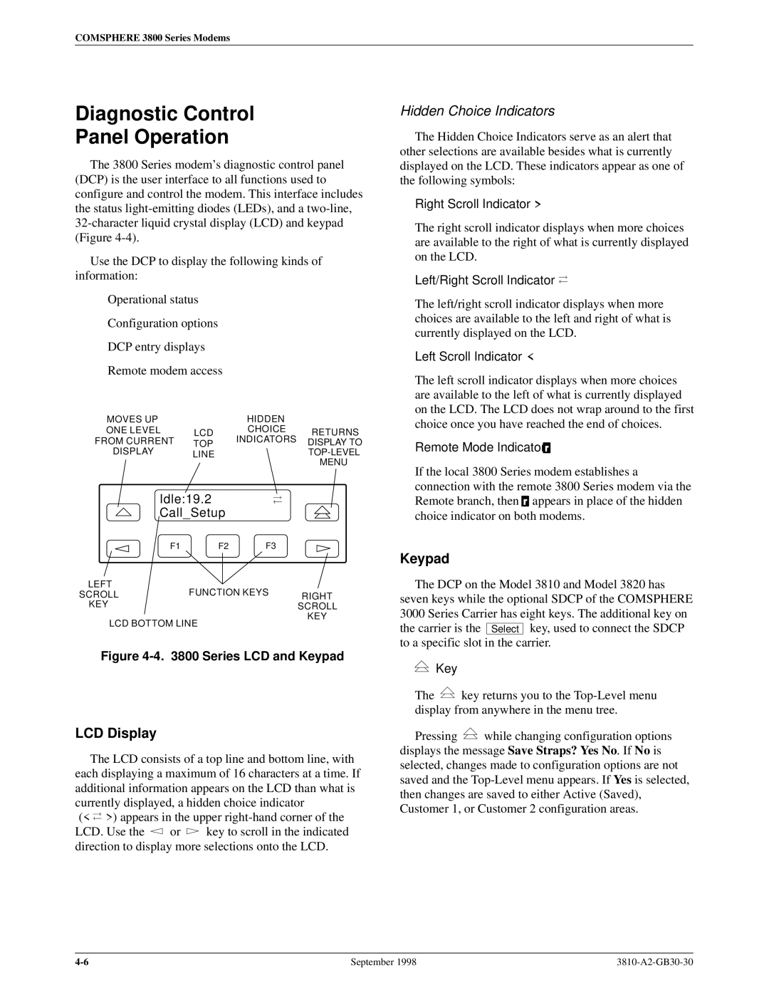 Paradyne 3800 manual Diagnostic Control Panel Operation, LCD Display, Keypad, Idle19.2 CallSetup 