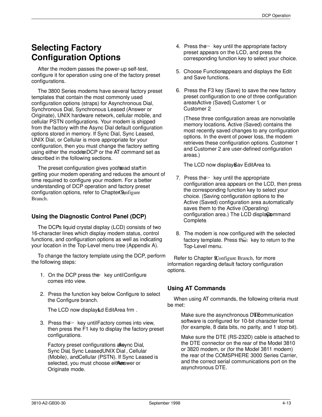Paradyne 3800 manual Selecting Factory Configuration Options, Using the Diagnostic Control Panel DCP, Using AT Commands 