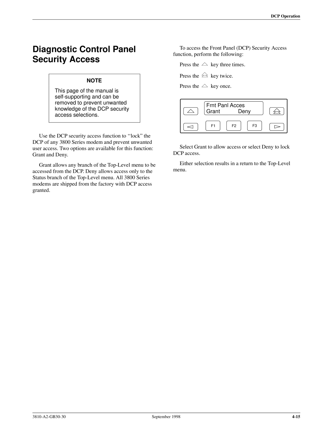 Paradyne 3800 manual Diagnostic Control Panel Security Access, Frnt Panl Acces Grant Deny 