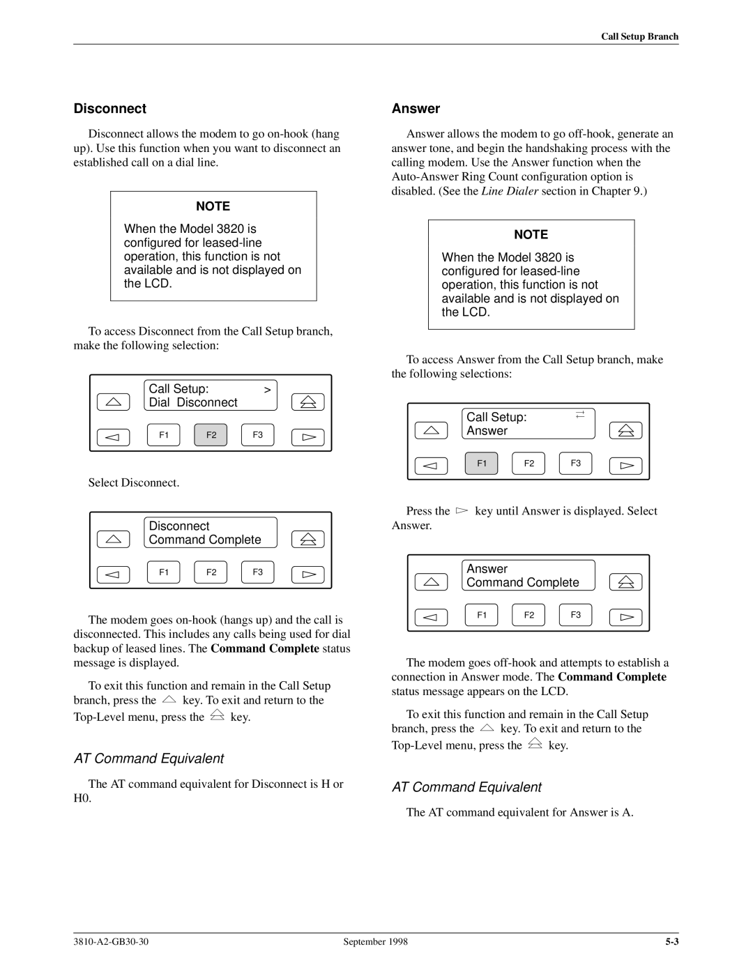 Paradyne 3800 manual Disconnect Command Complete, Call Setup Answer, Answer Command Complete 