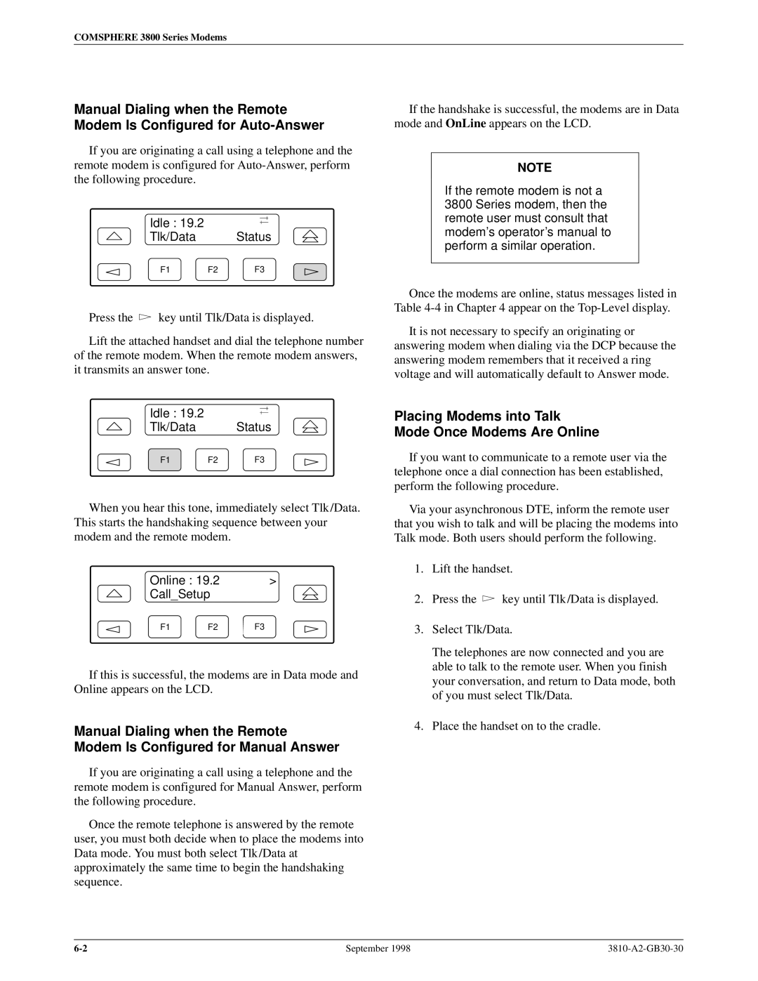 Paradyne 3800 manual Placing Modems into Talk Mode Once Modems Are Online, Idle Tlk/Data Status, Online CallSetup 