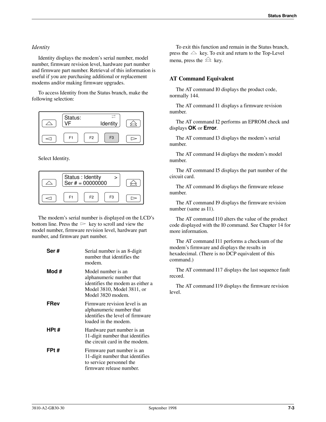 Paradyne 3800 manual Status Identity Ser # = 