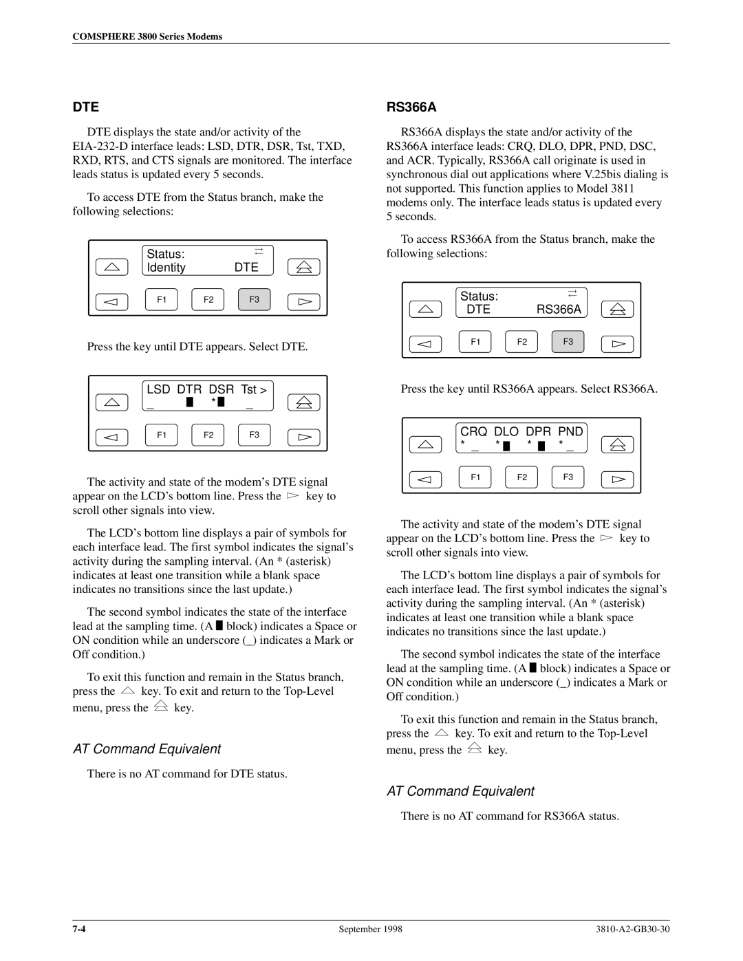 Paradyne 3800 manual RS366A, Status Identity DTE, LSD DTR DSR Tst 