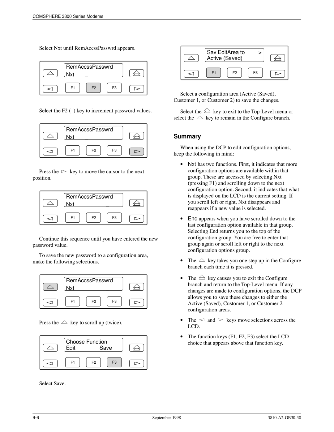 Paradyne 3800 manual Summary, RemAccssPasswrd Nxt12345678, Choose Function Edit Save, Sav EditArea to Active Saved 