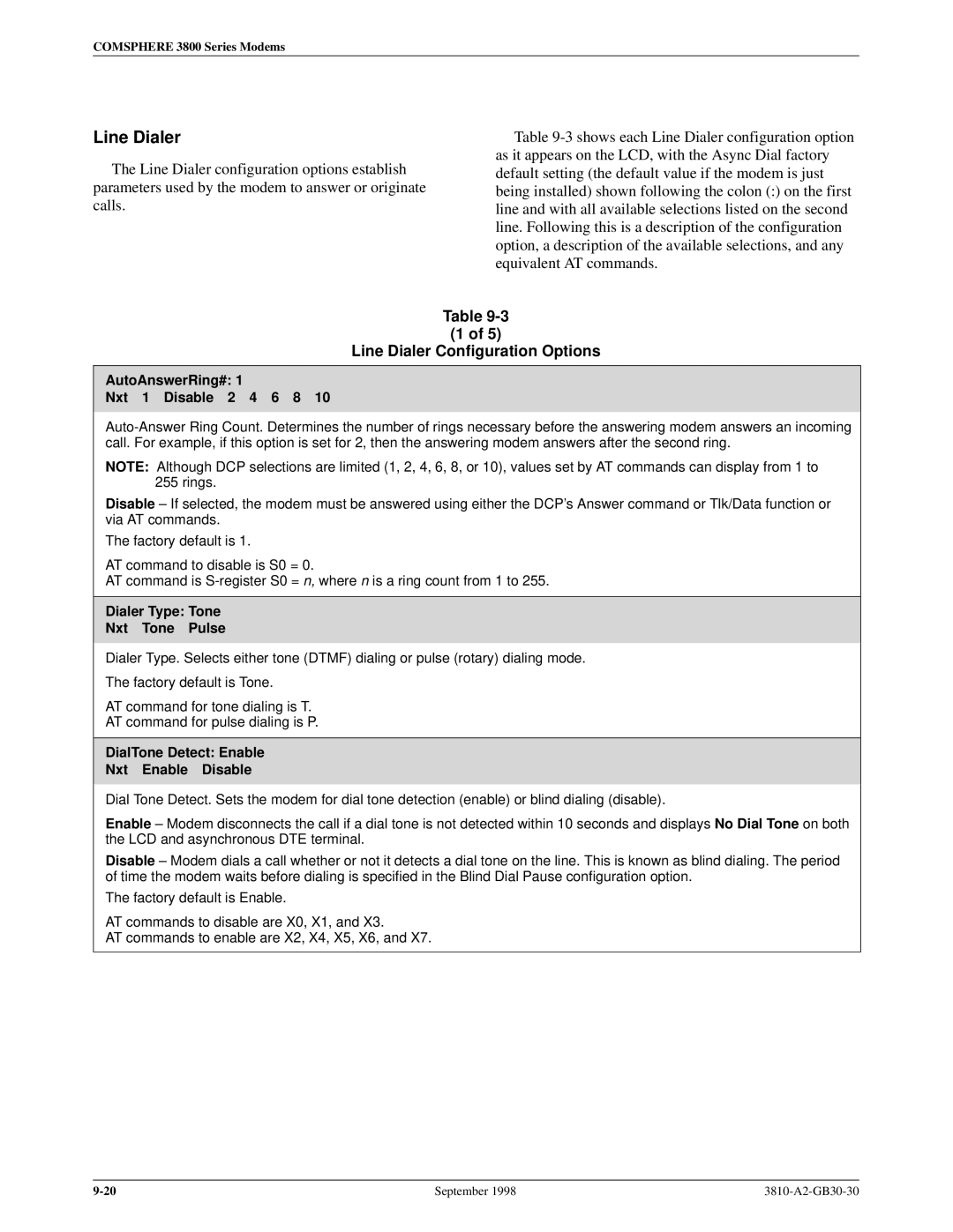 Paradyne 3800 manual Line Dialer Configuration Options, AutoAnswerRing# Nxt 1 Disable 2 4 6 8 