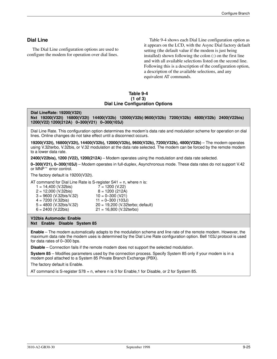 Paradyne 3800 manual Dial Line Configuration Options, V32bis Automode Enable Nxt Enable Disable System 