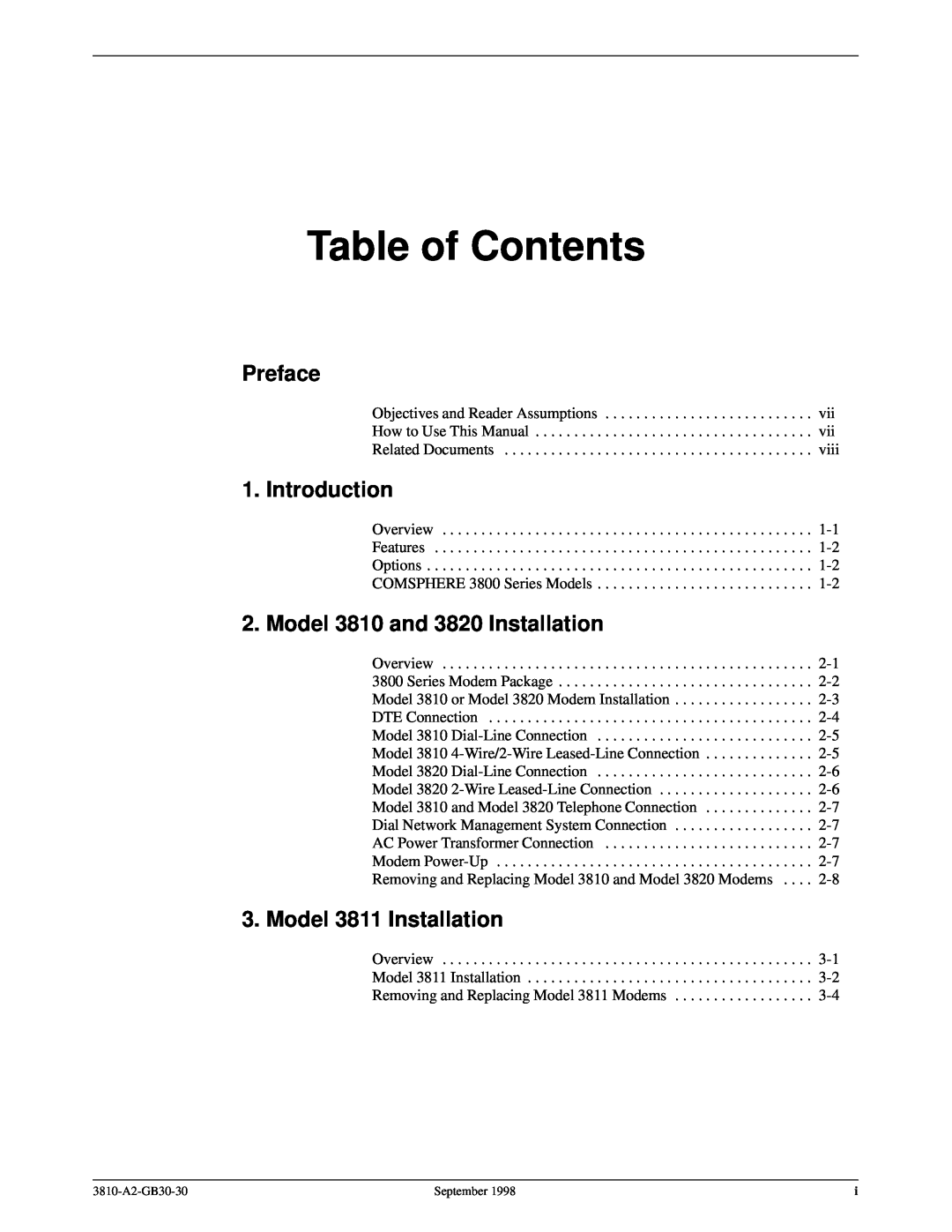 Paradyne 3800 manual Table of Contents, Preface, Introduction, Model 3810 and 3820 Installation, Model 3811 Installation 