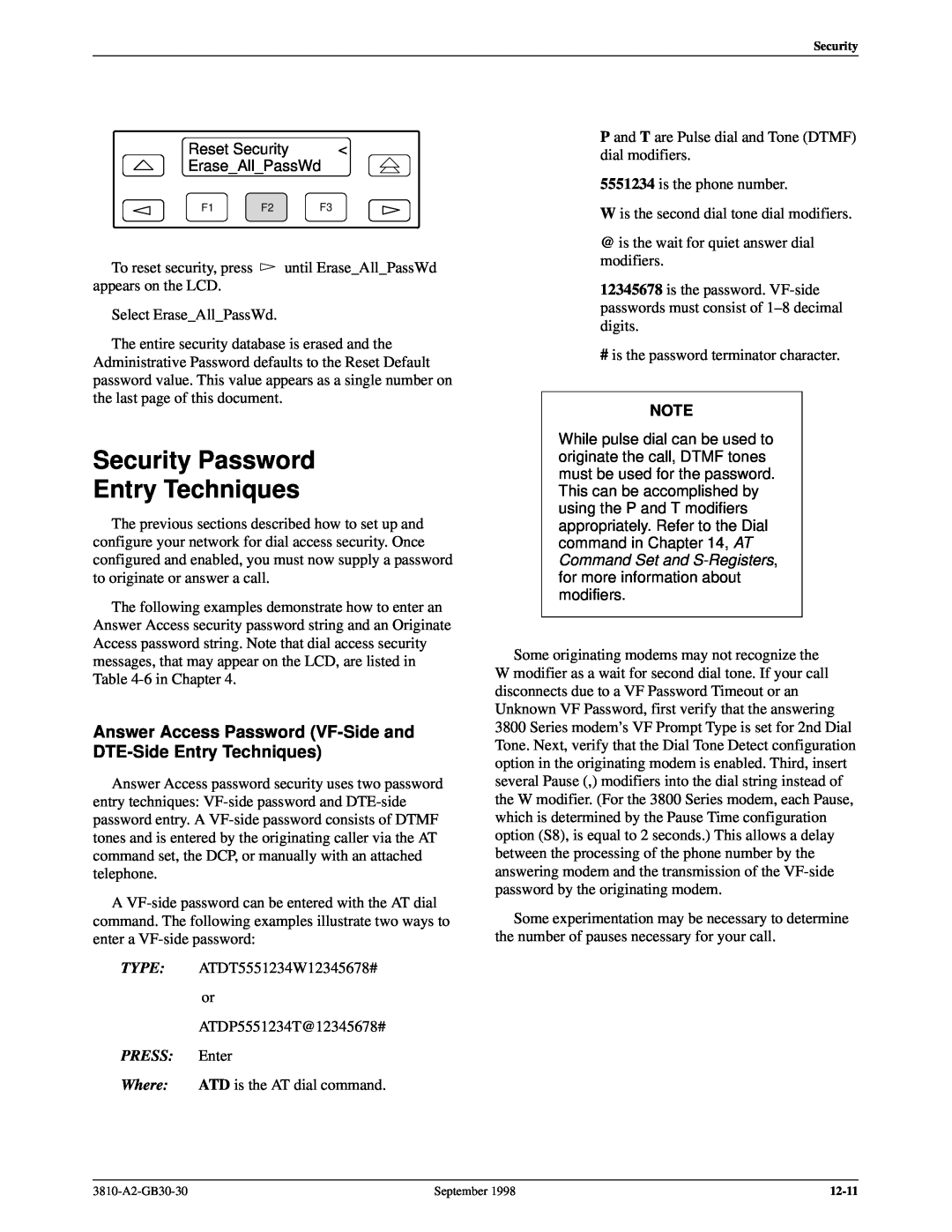 Paradyne 3800 manual Security Password Entry Techniques, Answer Access Password VF-Side and DTE-Side Entry Techniques 