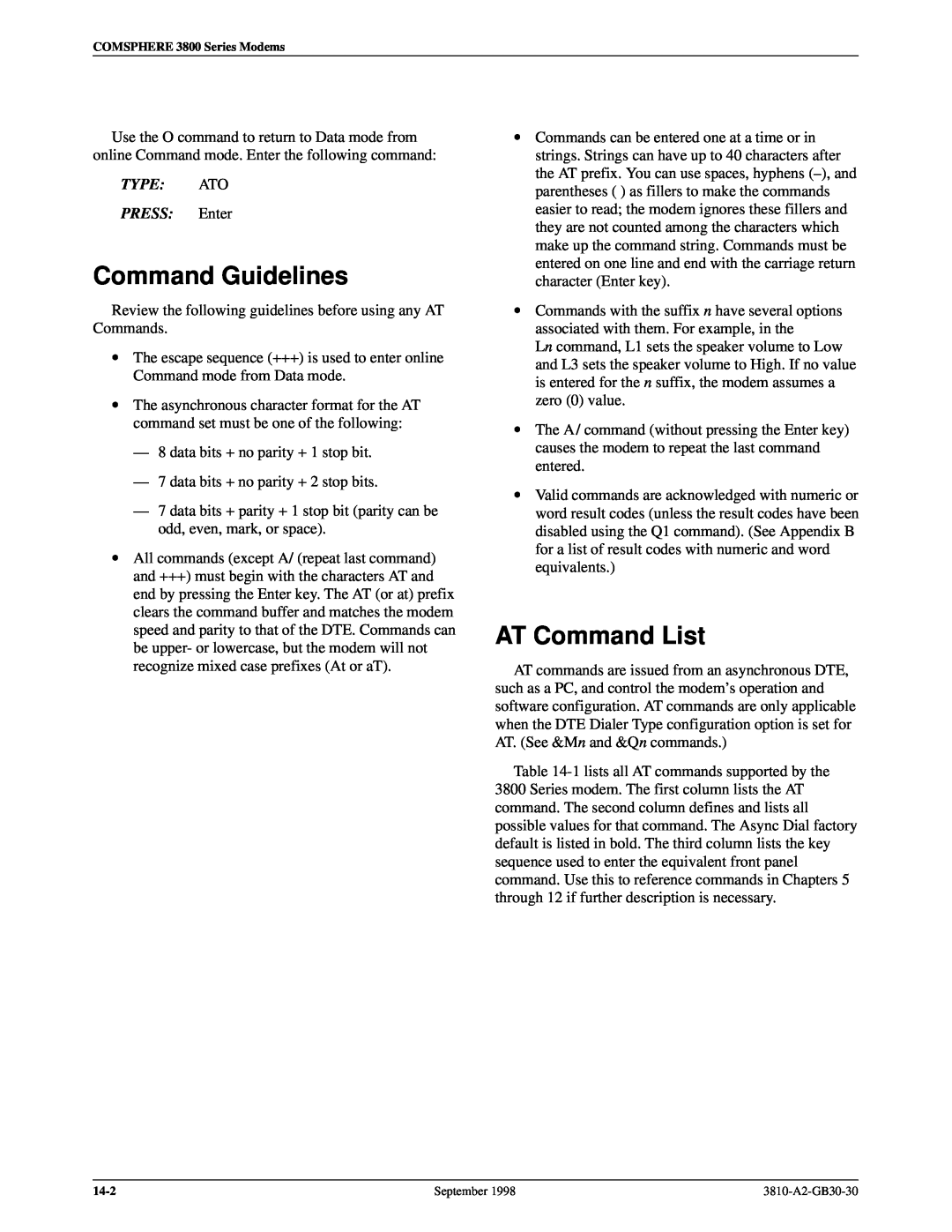 Paradyne 3800 manual Command Guidelines, AT Command List, TYPE ATO PRESS Enter 