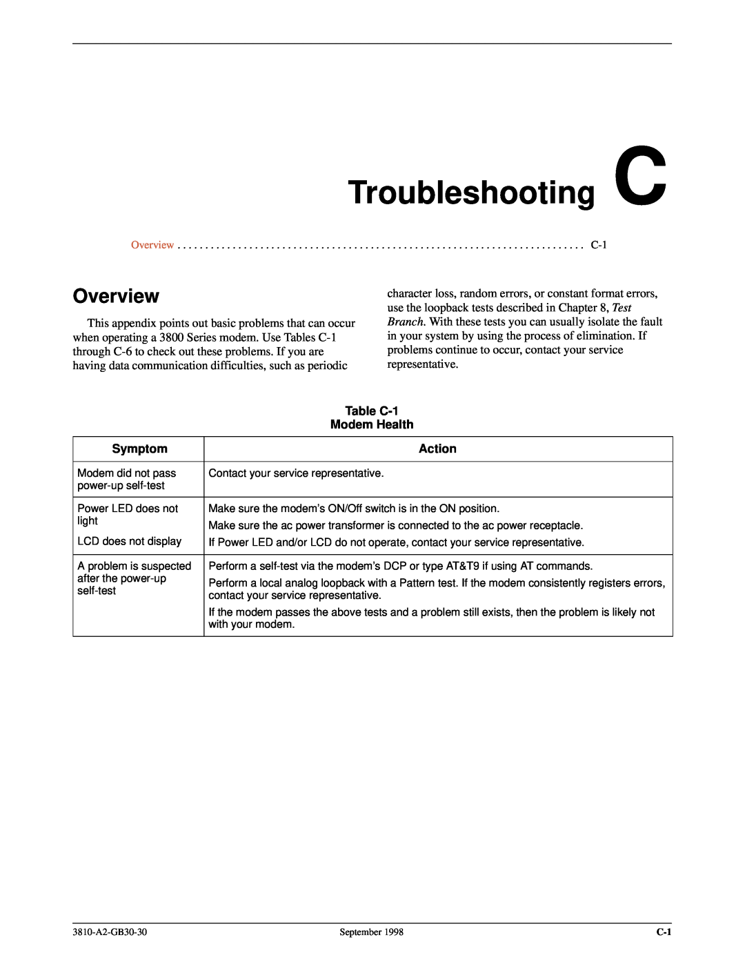 Paradyne 3800 manual Troubleshooting C, Table C-1, Modem Health, Symptom, Action, Overview 