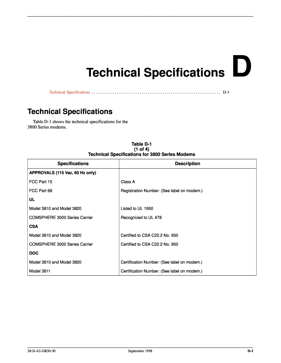 Paradyne manual Technical Specifications D, Table D-1 1 of Technical Specifications for 3800 Series Modems, Description 