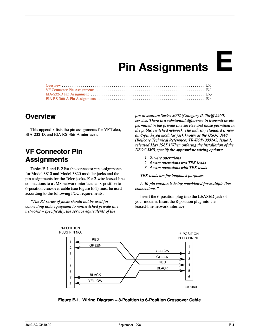 Paradyne 3800 Pin Assignments E, VF Connector Pin Assignments, 1. 2- wire operations 2. 4-wire operations w/o TEK leads 