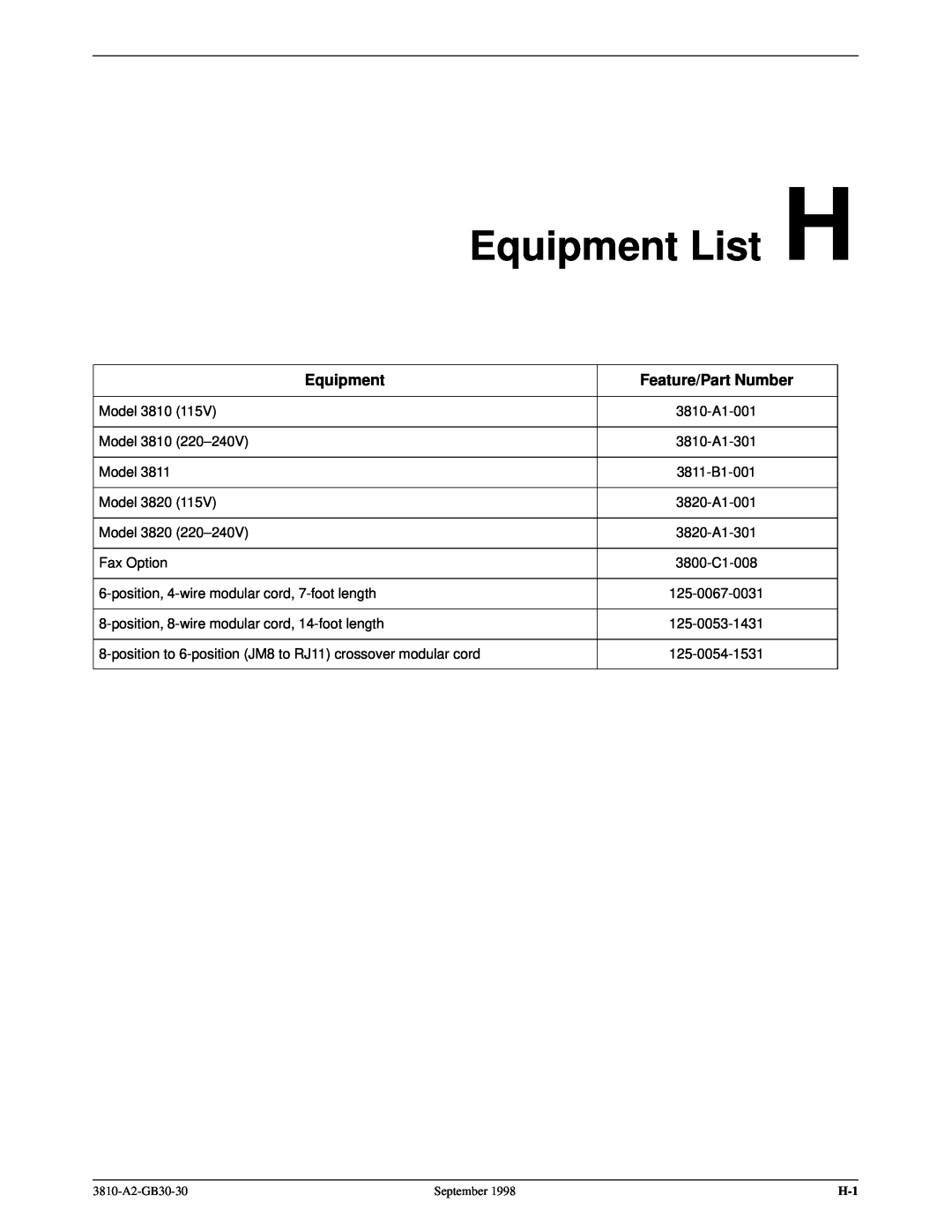 Paradyne 3800 manual Equipment List H, Feature/Part Number, 3810-A1-001, 3810-A1-301, 3811-B1-001, 3820-A1-001, 3820-A1-301 