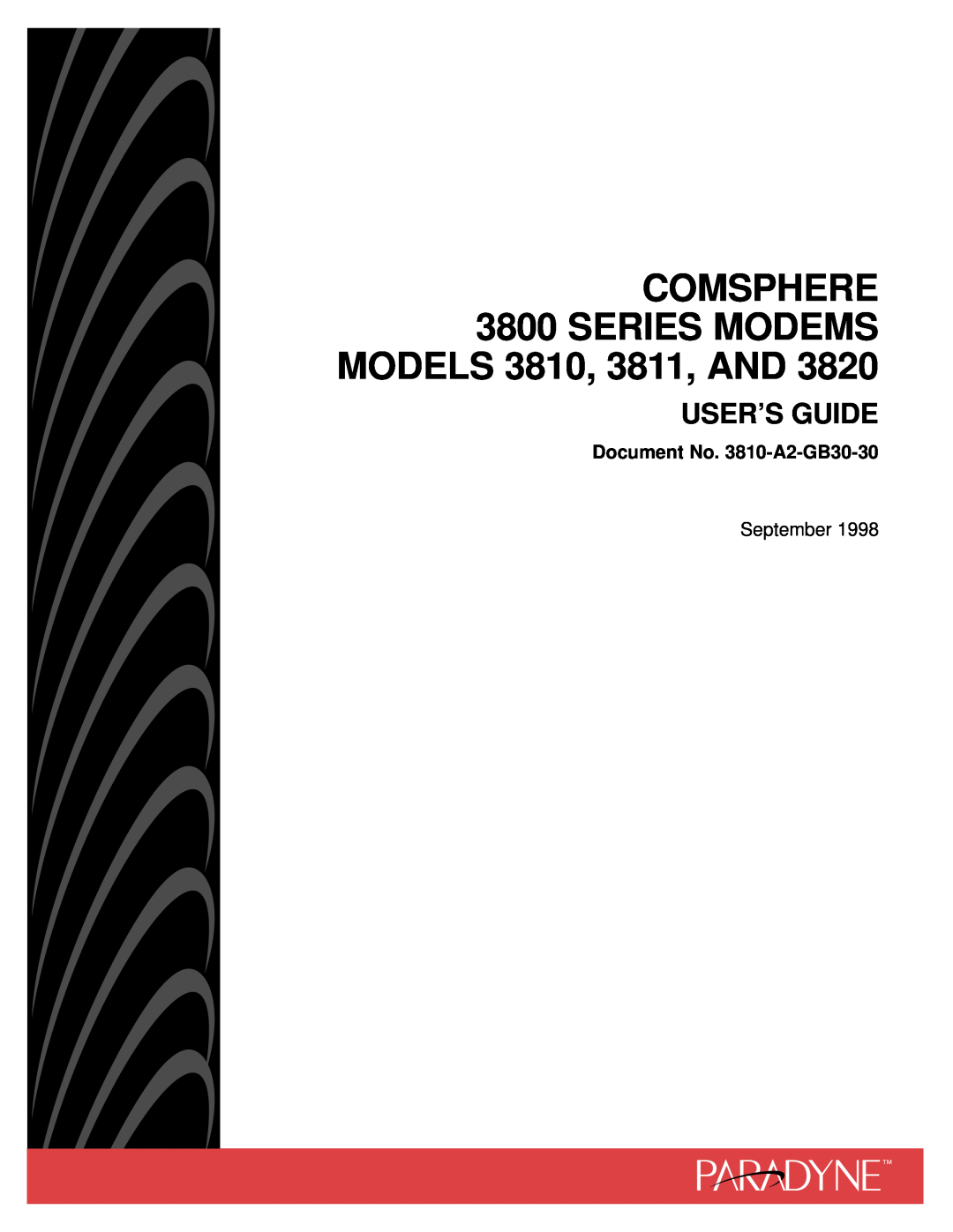 Paradyne COMSPHERE 3800 SERIES MODEMS MODELS 3810, 3811, AND, User’S Guide, Document No. 3810-A2-GB30-30, September 