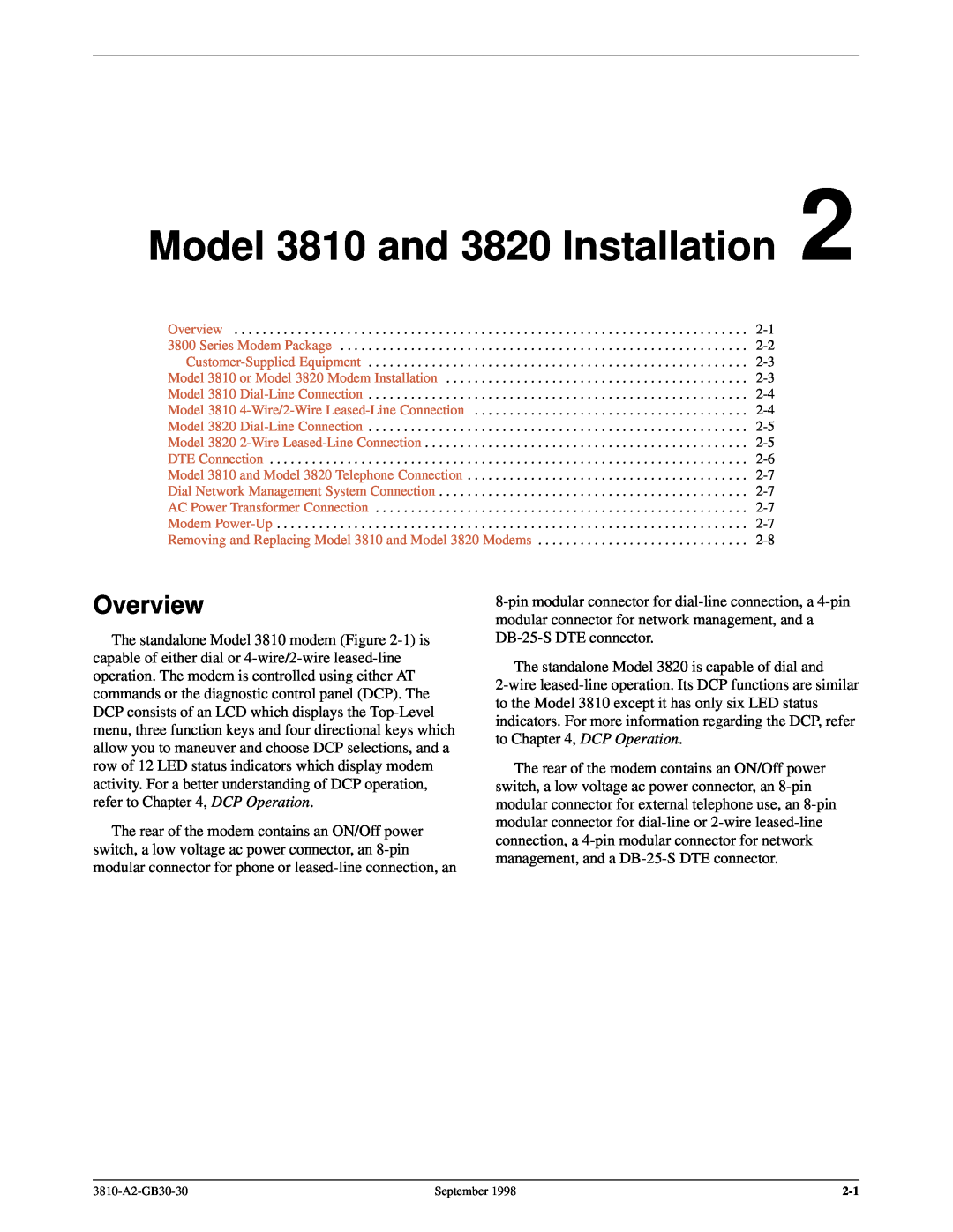 Paradyne 3800 manual Model 3810 and 3820 Installation, Overview 