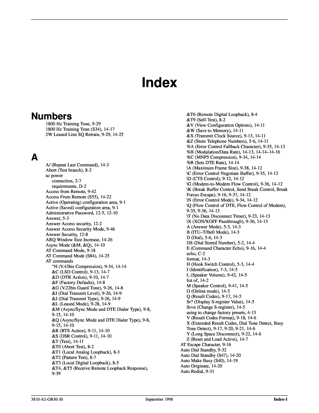 Paradyne 3800 manual Index, Numbers 