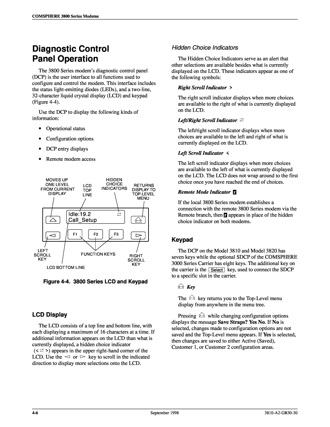 Paradyne 3800 Diagnostic Control Panel Operation, LCD Display, Hidden Choice Indicators, Keypad, Right Scroll Indicator 