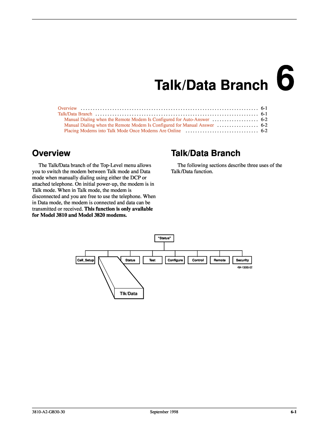 Paradyne 3800 manual Talk/Data Branch, Overview 