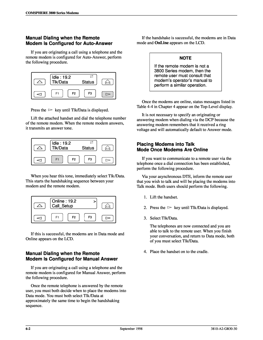 Paradyne 3800 manual Manual Dialing when the Remote Modem Is Configured for Auto-Answer 