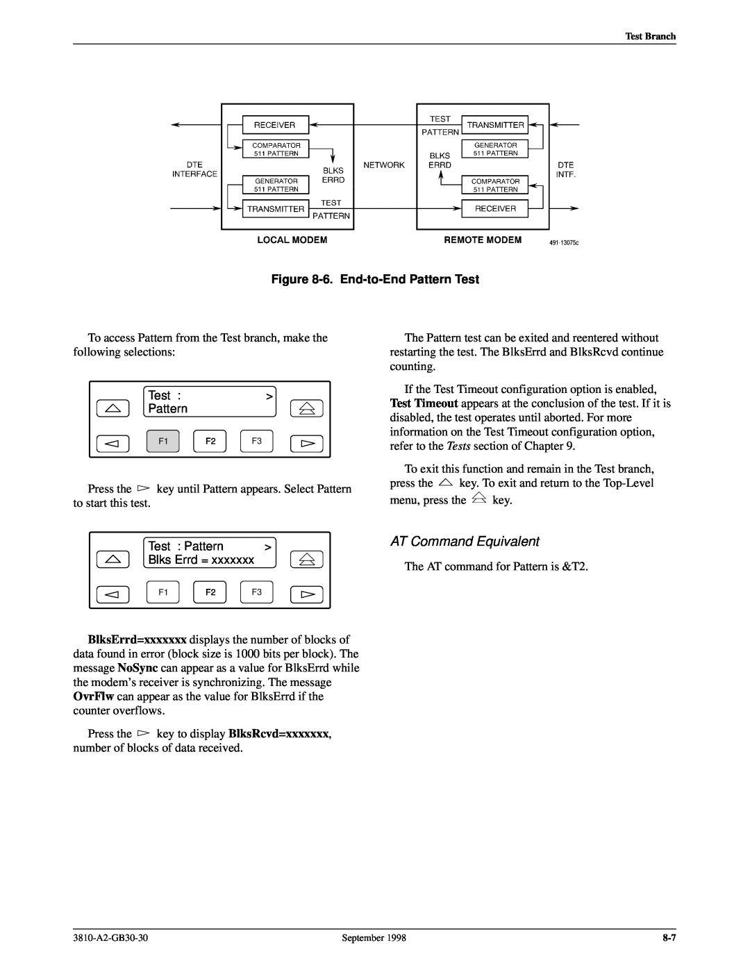 Paradyne 3800 manual 6. End-to-End Pattern Test, AT Command Equivalent 