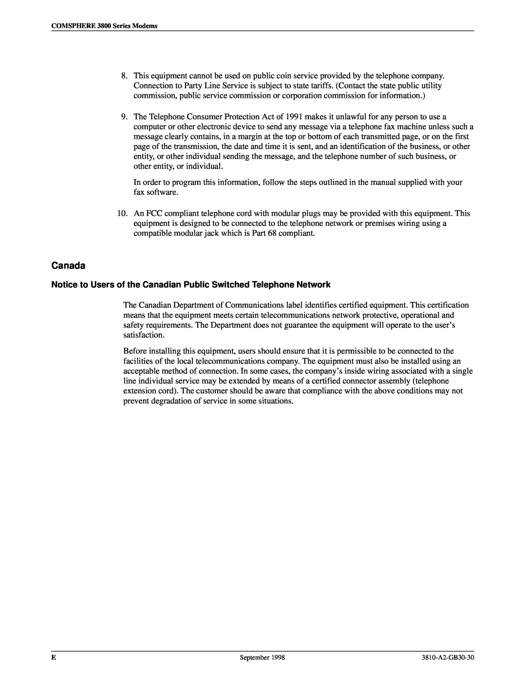 Paradyne 3800 manual Canada, Notice to Users of the Canadian Public Switched Telephone Network 