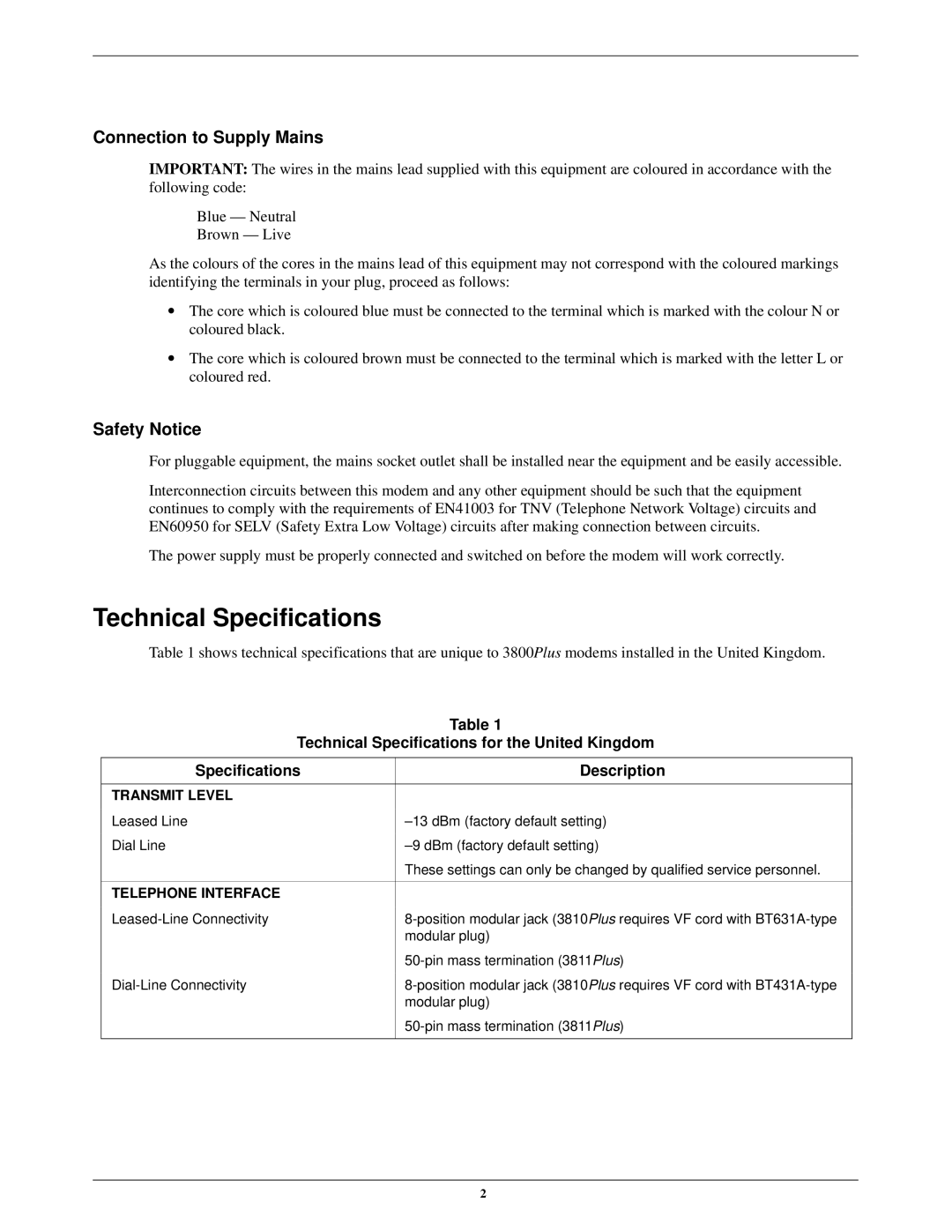 Paradyne 3800PLUS manual Technical Specifications, Connection to Supply Mains, Safety Notice 