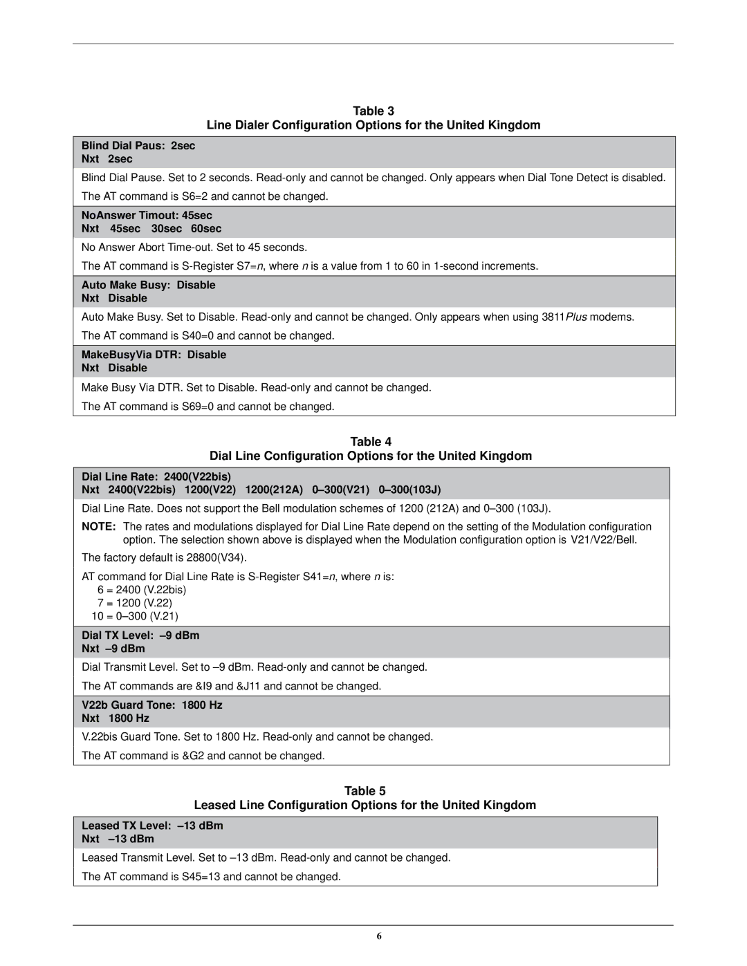 Paradyne 3800PLUS manual Line Dialer Configuration Options for the United Kingdom 