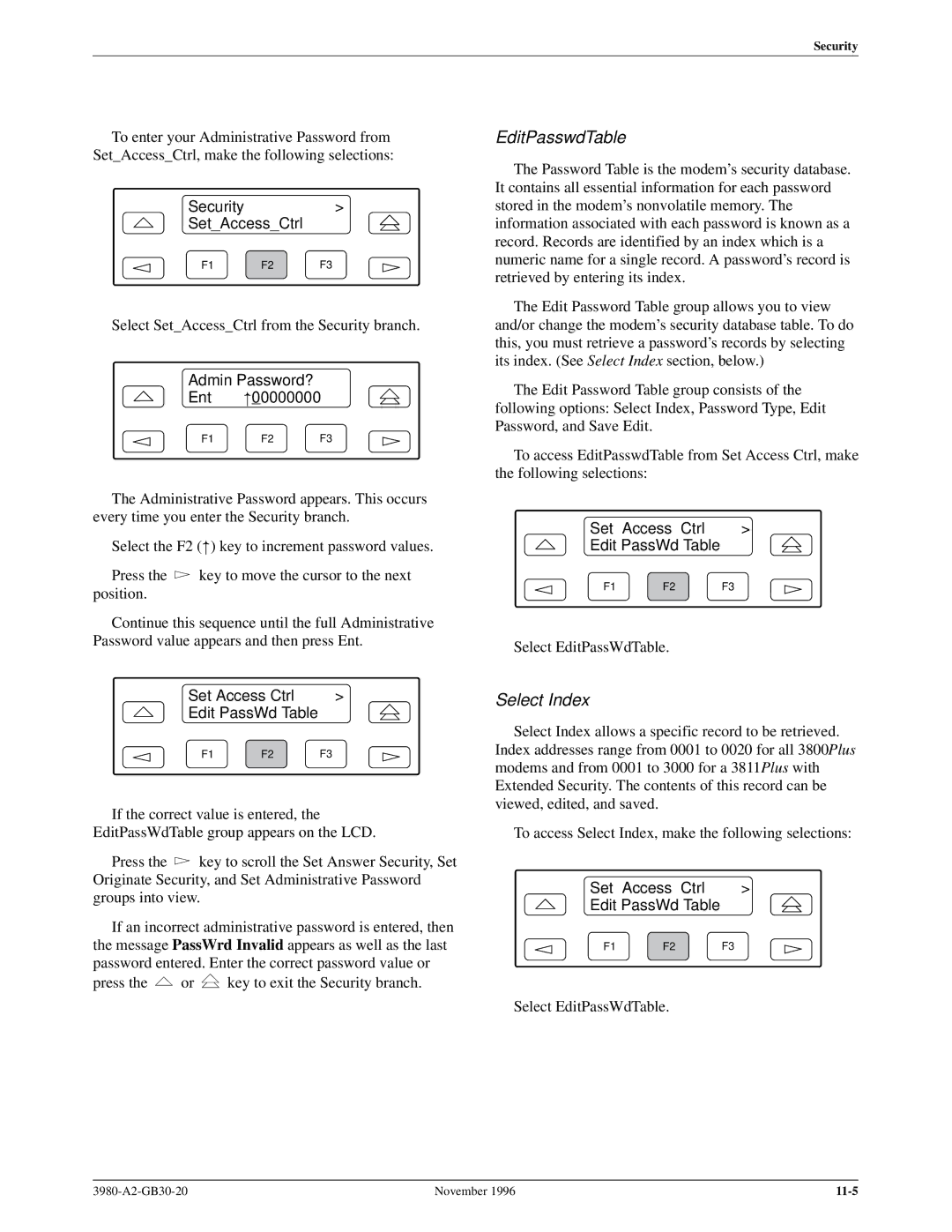 Paradyne 3800PLUS manual Security SetAccessCtrl, Admin Password? Ent, Set Access Ctrl Edit PassWd Table 