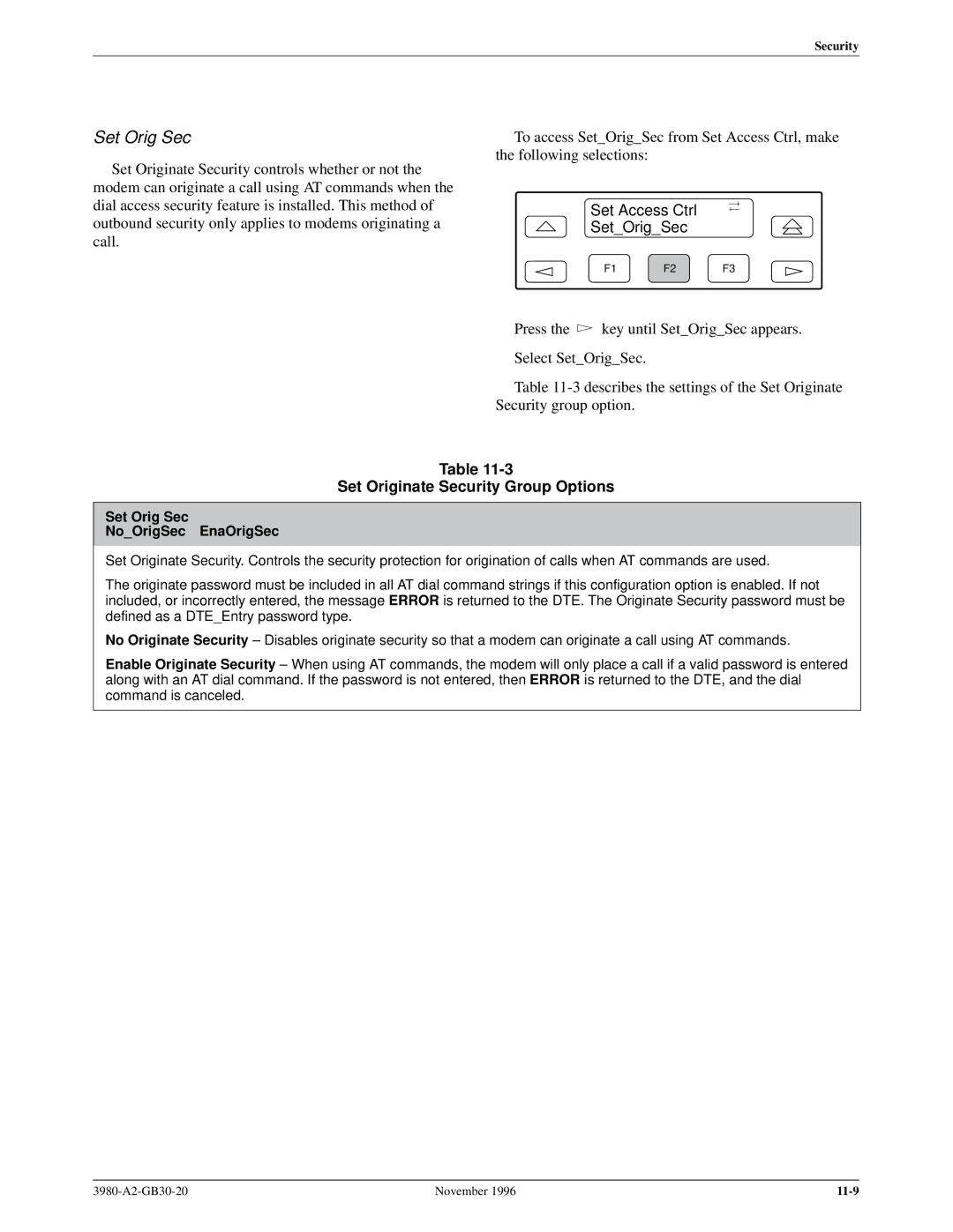 Paradyne 3800PLUS Set Access Ctrl SetOrigSec, Set Originate Security Group Options, Set Orig Sec NoOrigSec EnaOrigSec 