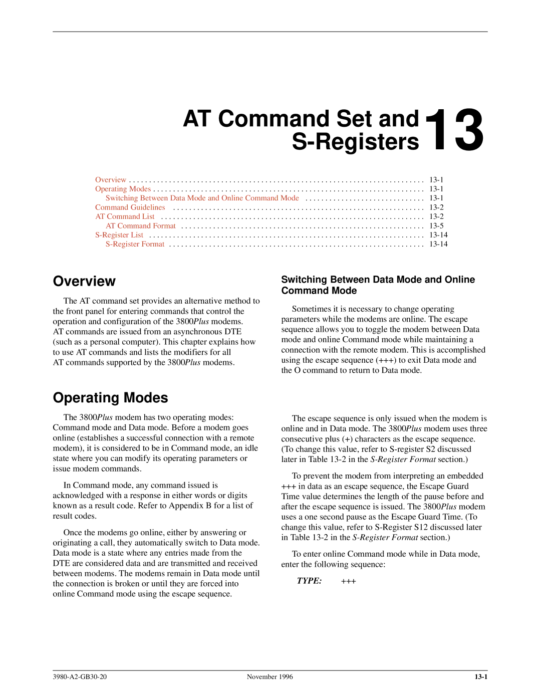 Paradyne 3800PLUS AT Command Set and 13 S-Registers, Operating Modes, Switching Between Data Mode and Online Command Mode 