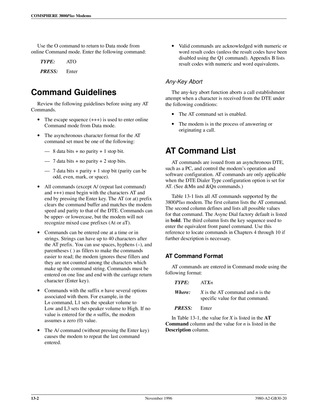 Paradyne 3800PLUS manual Command Guidelines, AT Command List, AT Command Format 