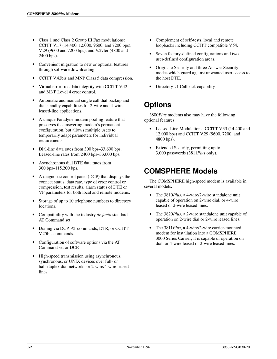 Paradyne 3800PLUS manual Options, Comsphere Models 