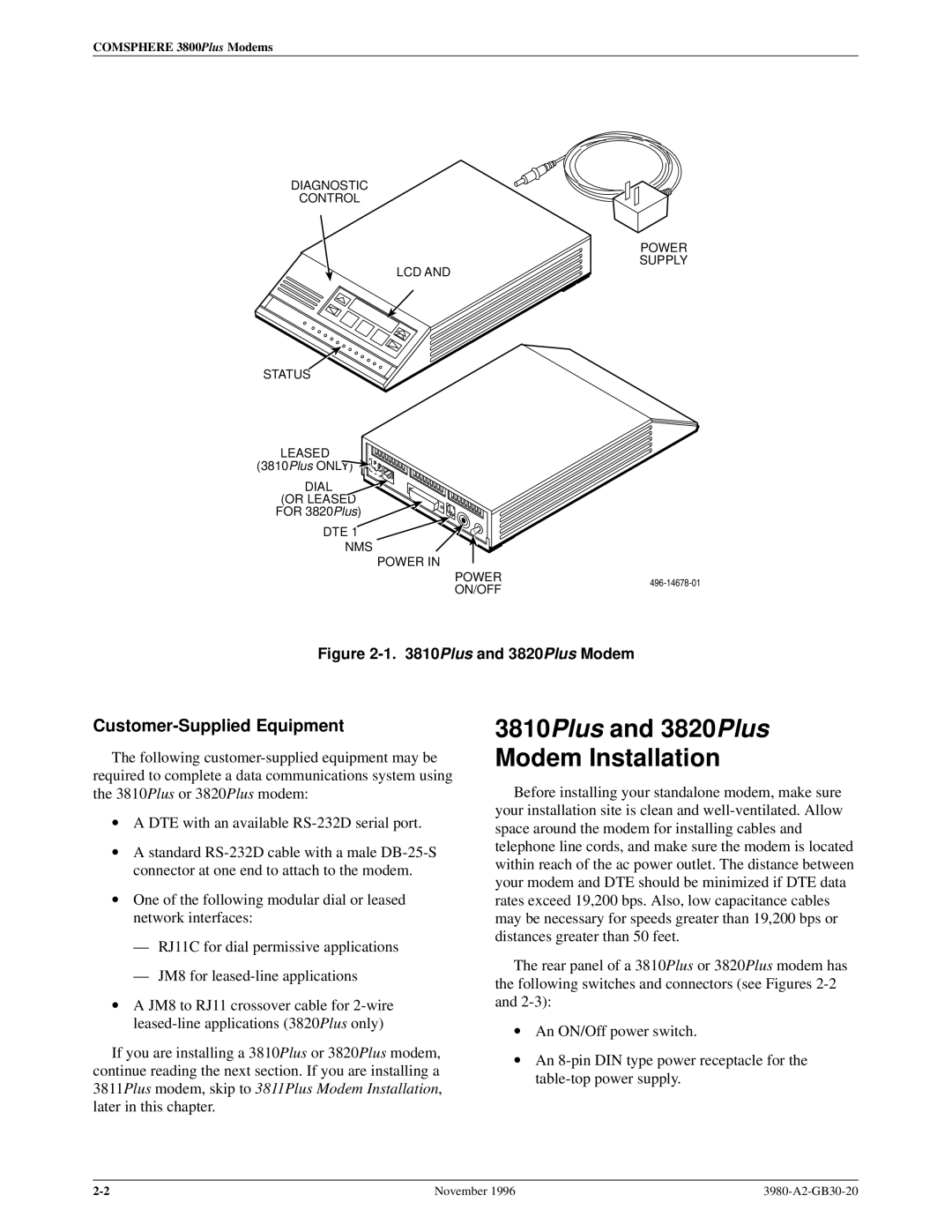 Paradyne 3800PLUS manual 3810Plus and 3820Plus Modem Installation, Customer-Supplied Equipment 