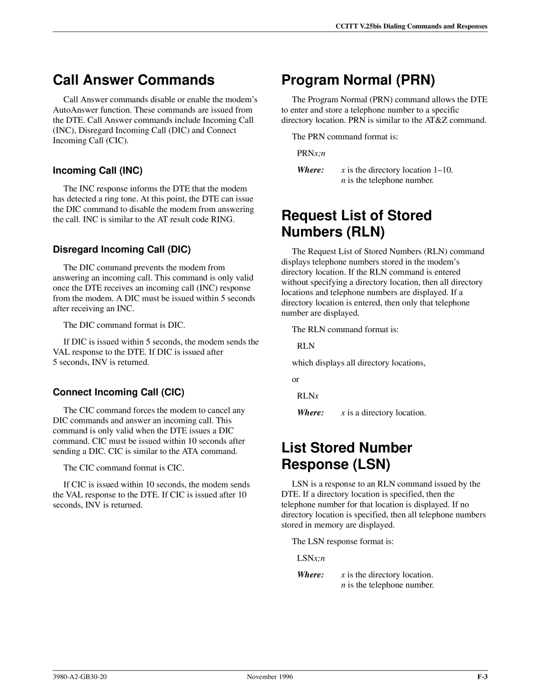 Paradyne 3800PLUS manual Call Answer Commands, Program Normal PRN, Request List of Stored Numbers RLN 