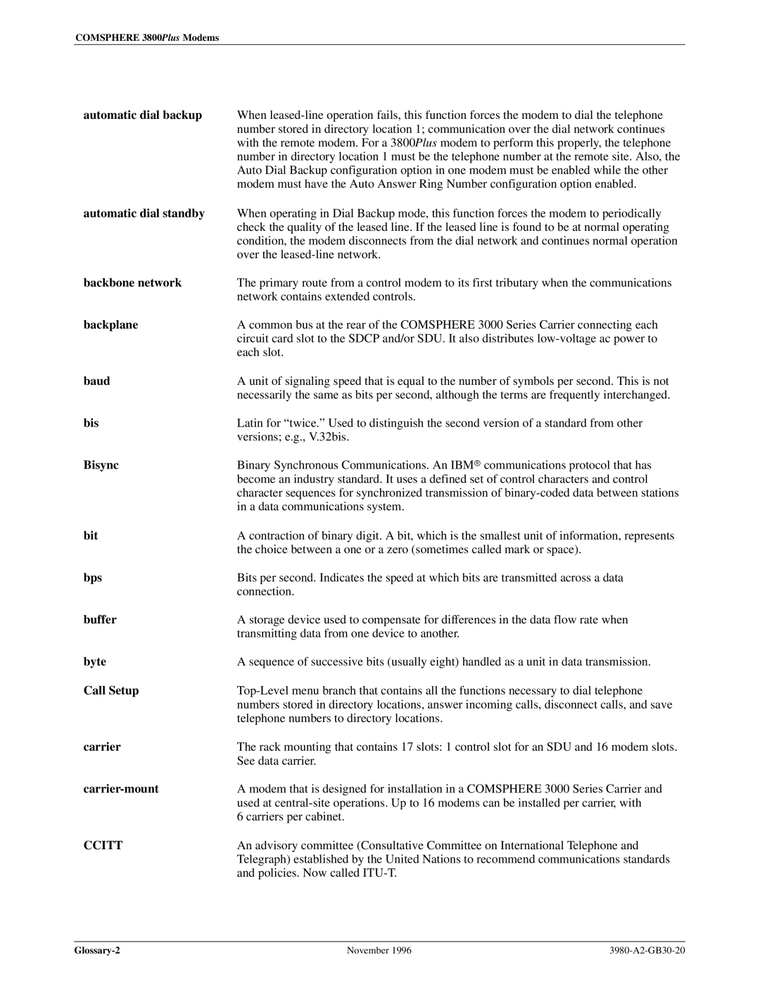 Paradyne 3800PLUS Automatic dial backup, Automatic dial standby, Backbone network, Backplane, Baud, Bisync, Bit, Bps 