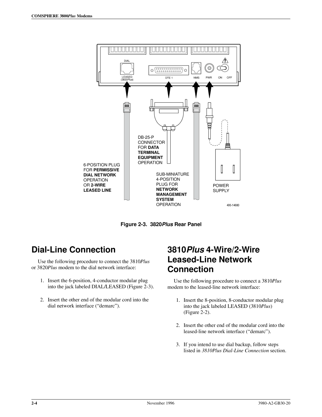 Paradyne 3800PLUS manual Dial-Line Connection, 3810Plus 4-Wire/2-Wire Leased-Line Network Connection 