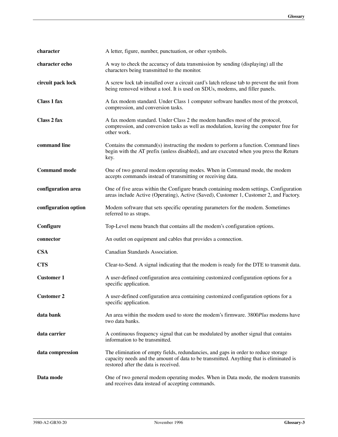 Paradyne 3800PLUS Character echo, Circuit pack lock, Class 1 fax, Class 2 fax, Command line, Command mode, Connector 