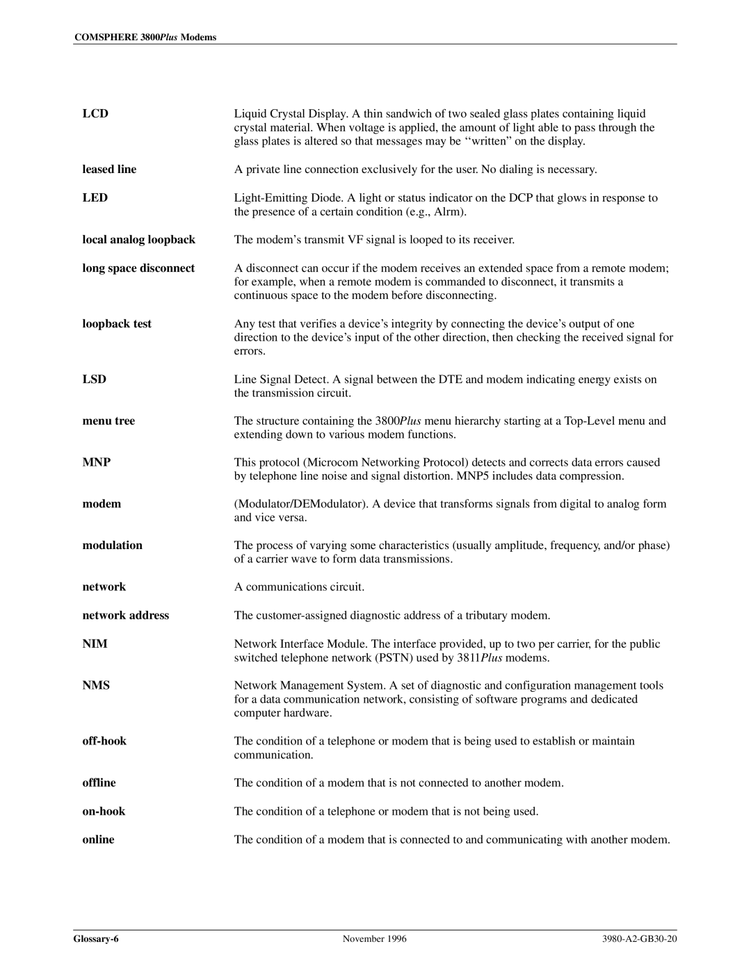 Paradyne 3800PLUS Leased line, Local analog loopback, Long space disconnect, Loopback test, Menu tree, Modem, Modulation 