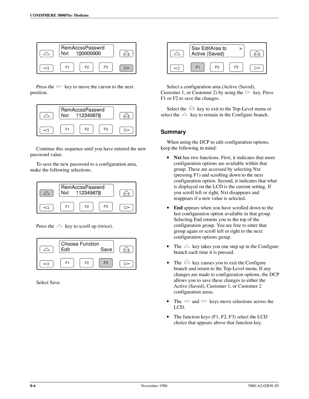 Paradyne 3800PLUS manual Summary, Sav EditArea to Active Saved 