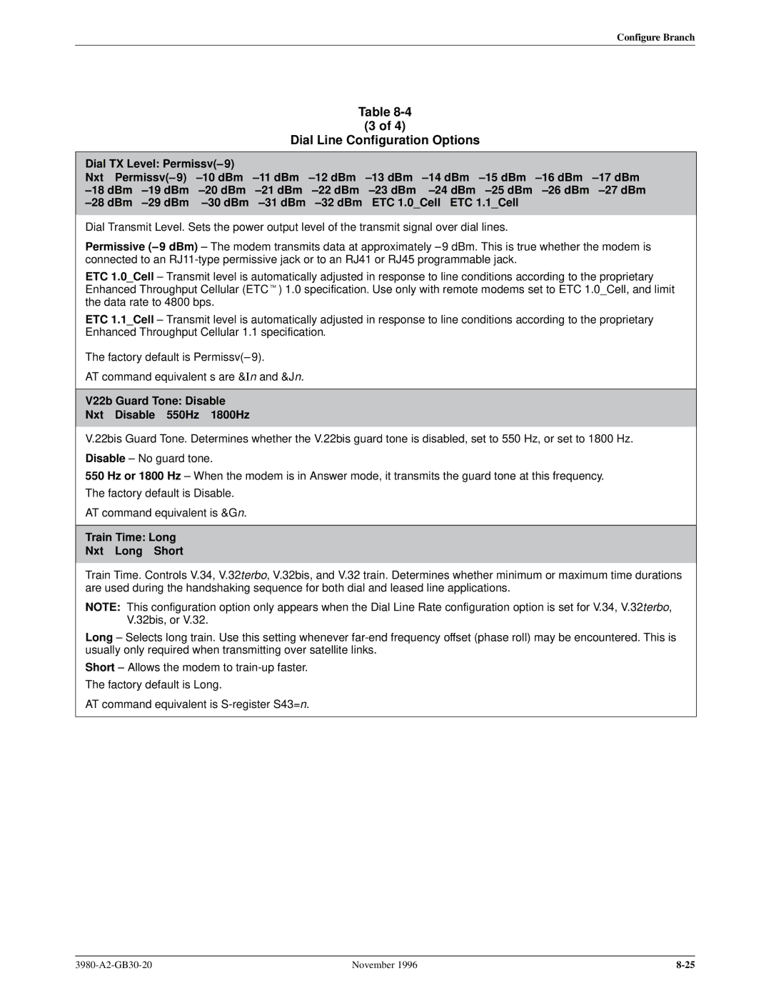 Paradyne 3800PLUS manual V22b Guard Tone Disable Nxt Disable 550Hz 1800Hz, Train Time Long Nxt Long Short 