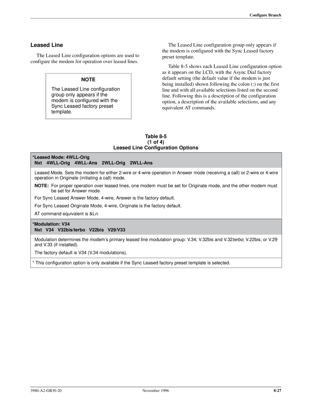 Paradyne 3800PLUS manual Leased Line Configuration Options, Modulation Nxt V34 V32bis/terbo V22bis V29/V33 