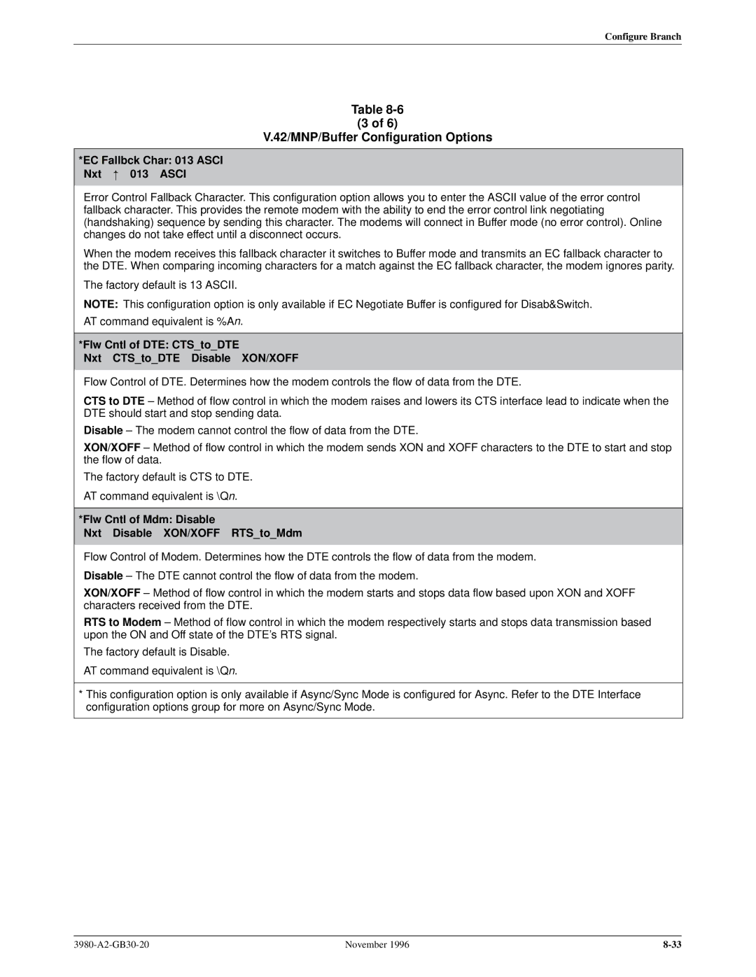 Paradyne 3800PLUS manual EC Fallbck Char 013 Asci Nxt 013 Asci, Flw Cntl of DTE CTStoDTE Nxt CTStoDTE Disable XON/XOFF 