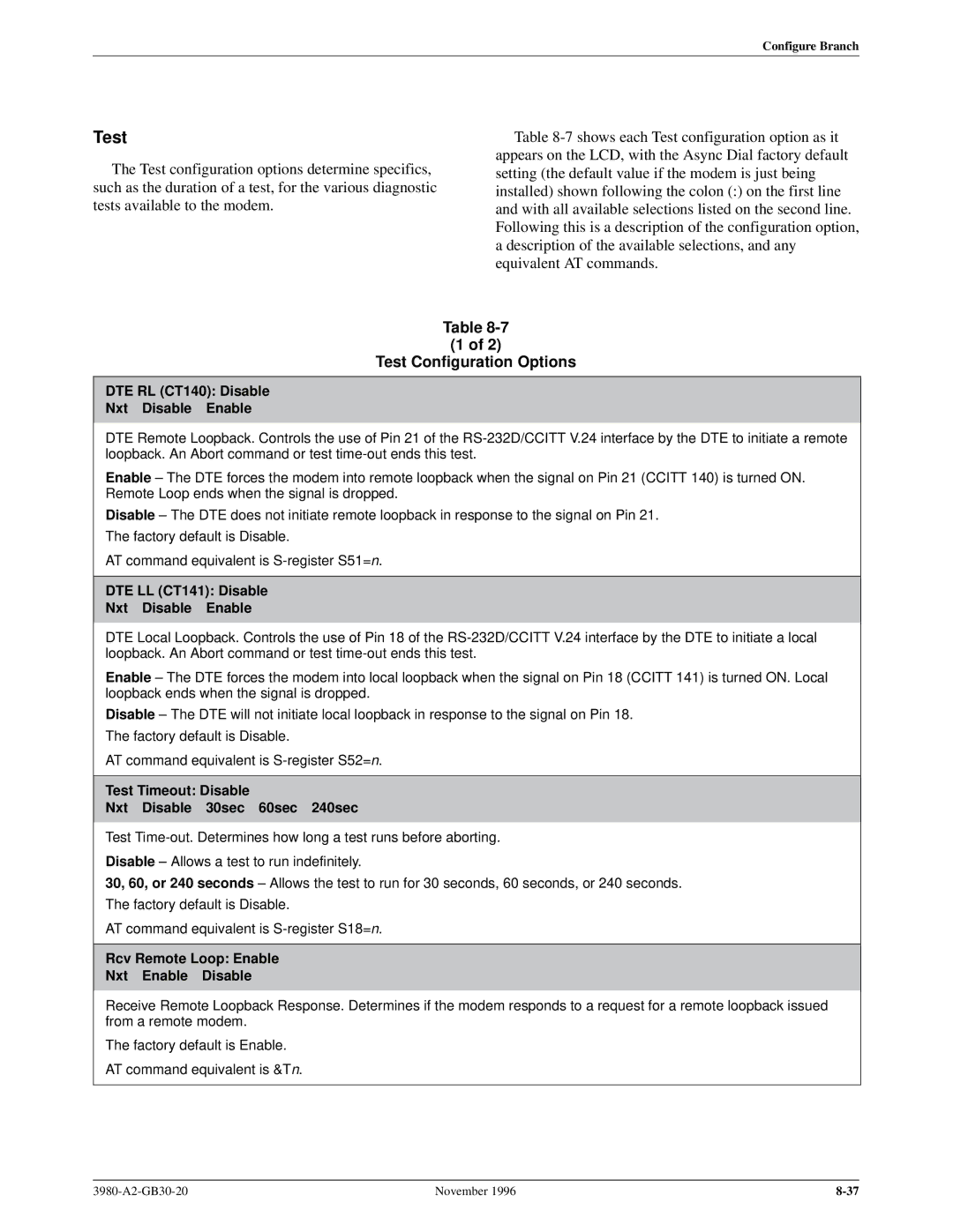 Paradyne 3800PLUS manual Test Configuration Options 