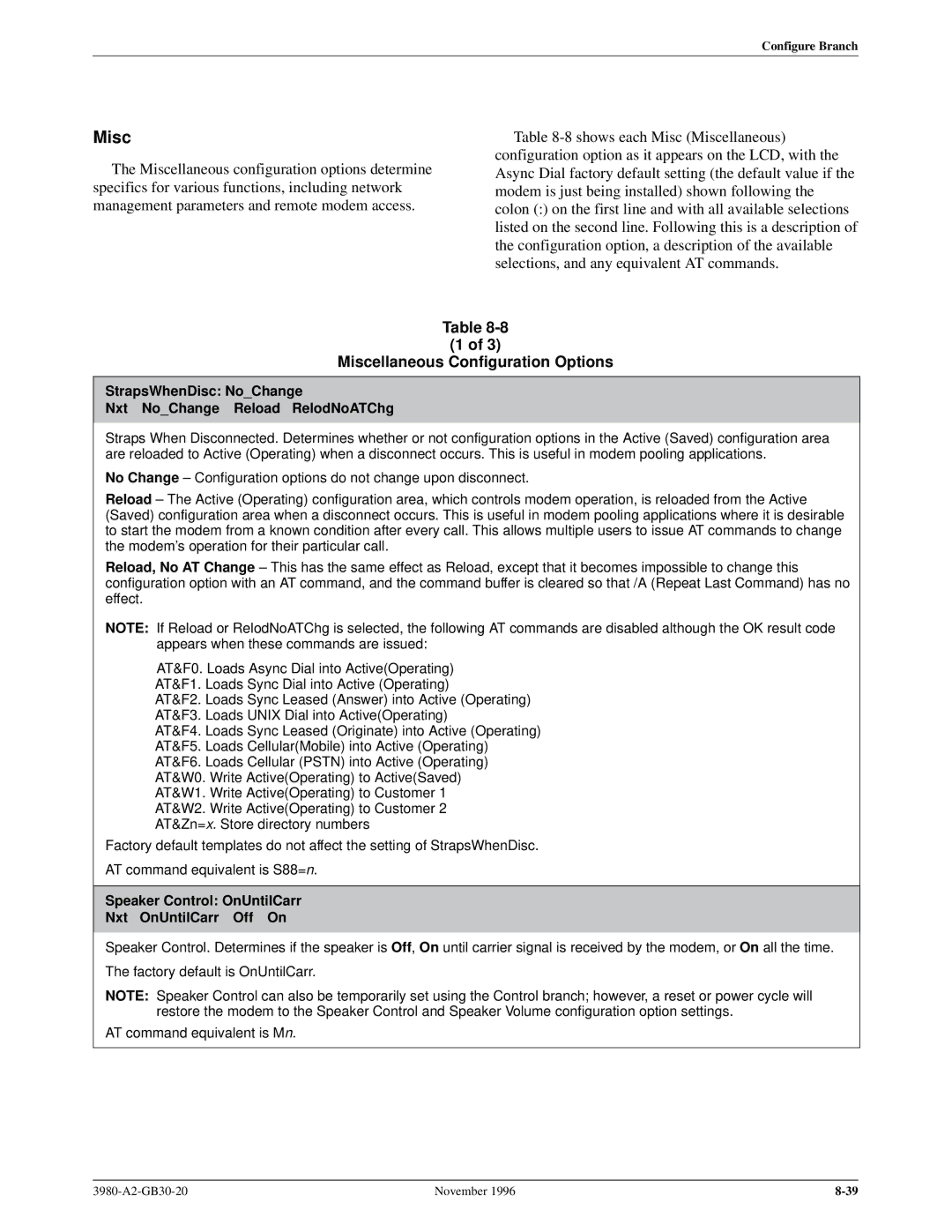 Paradyne 3800PLUS manual Miscellaneous Configuration Options, StrapsWhenDisc NoChange Nxt NoChange Reload RelodNoATChg 