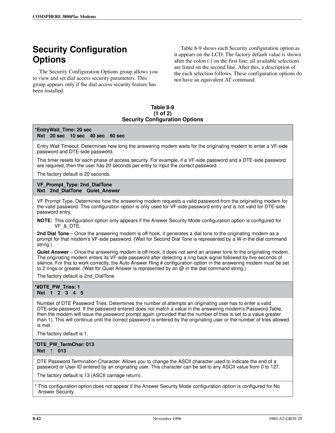 Paradyne 3800PLUS manual Security Configuration Options 