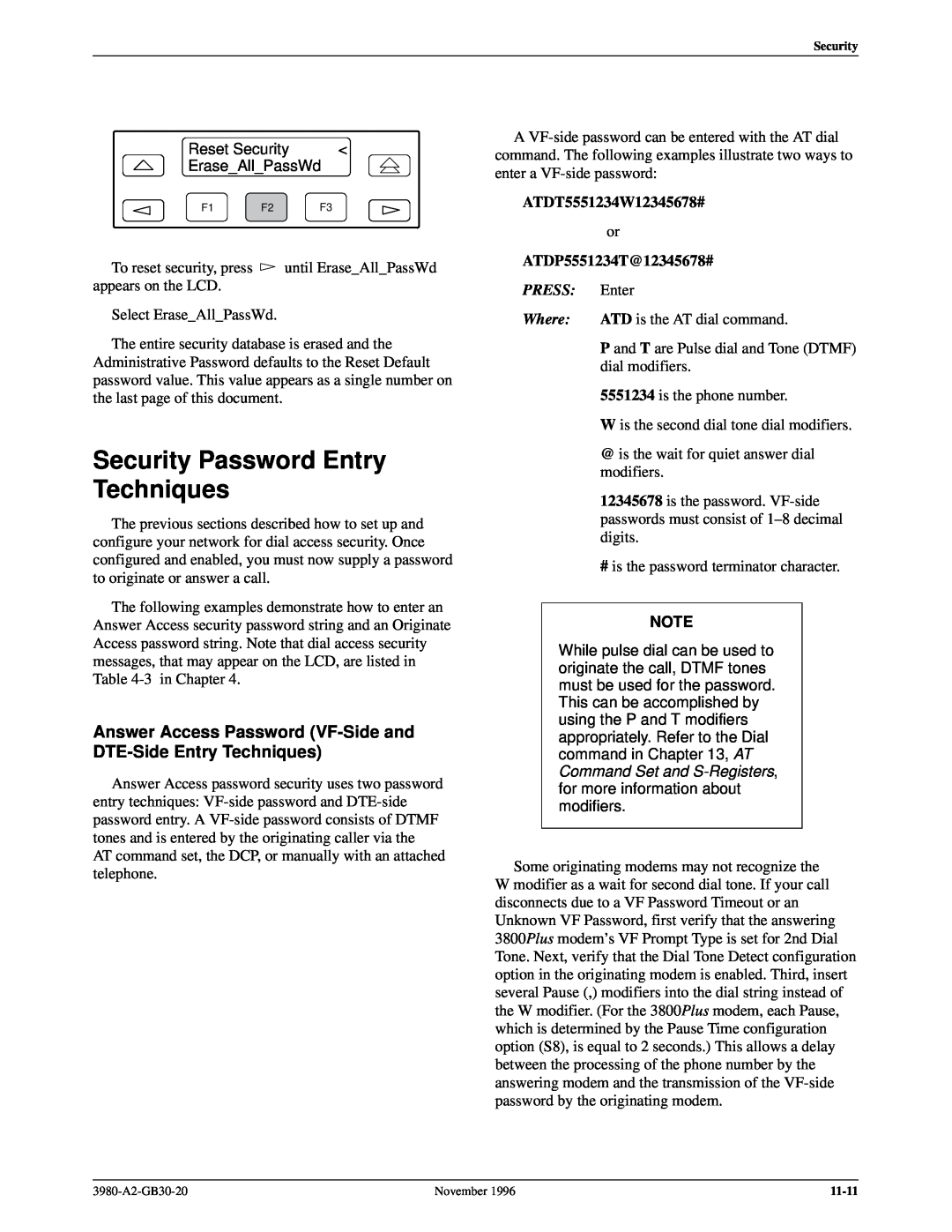 Paradyne 3800PLUS manual Security Password Entry Techniques, Answer Access Password VF-Side and DTE-Side Entry Techniques 