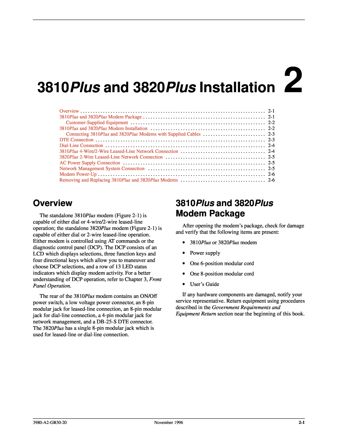 Paradyne 3800PLUS manual 3810Plus and 3820Plus Installation, 3810Plus and 3820Plus Modem Package, Overview 